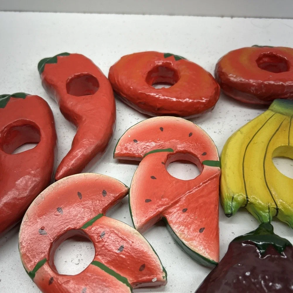 Vintage Wooden Fruit Napkin Rings Set 10 Watermelon‎ Hand Painted 1970's